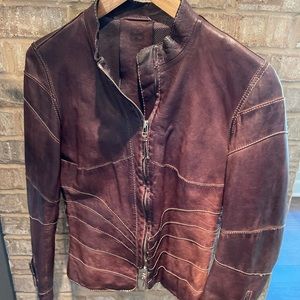 Distressed brown leather European bomber
